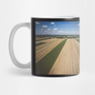 Aerial view of round hay bales on stubble under blue cloudy sky Mug